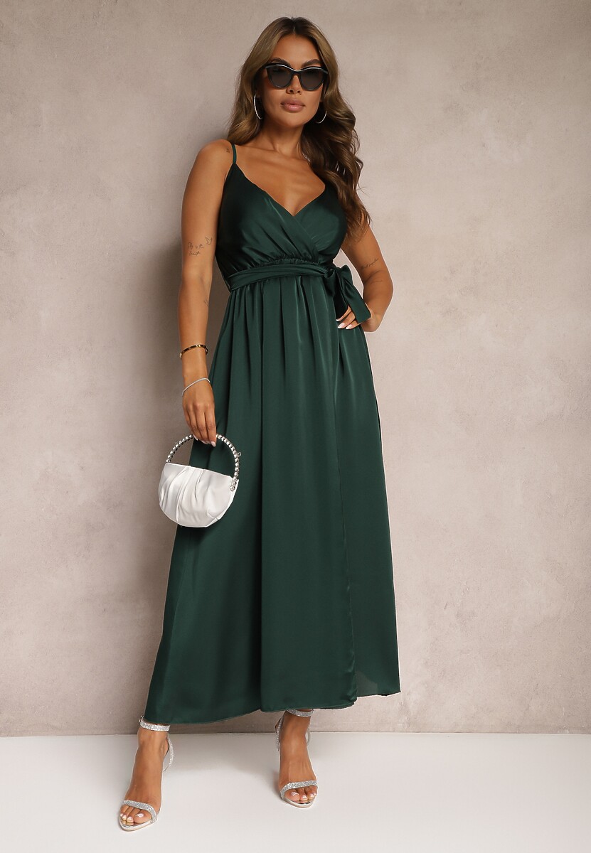Ciemnozielona Wieczorowa Sukienka na Ramiączkach z Rozcięciem Wiązana w Pasie Bradea 2