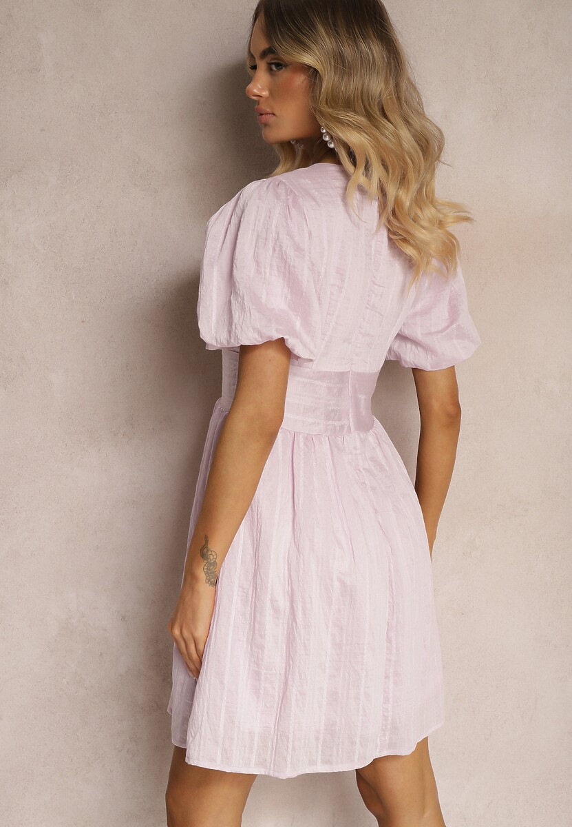 Rochie roz Talia Imprimeu Bumbac Fermoar Mâneci Bufante Malfea 3