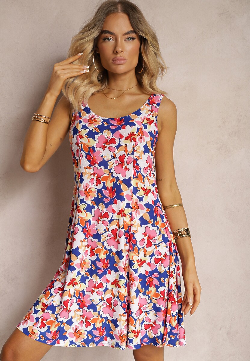 Rochie bleumarin-roz cu bretele din viscoză cu croi evazat cu imprimeu floral Alanea 1