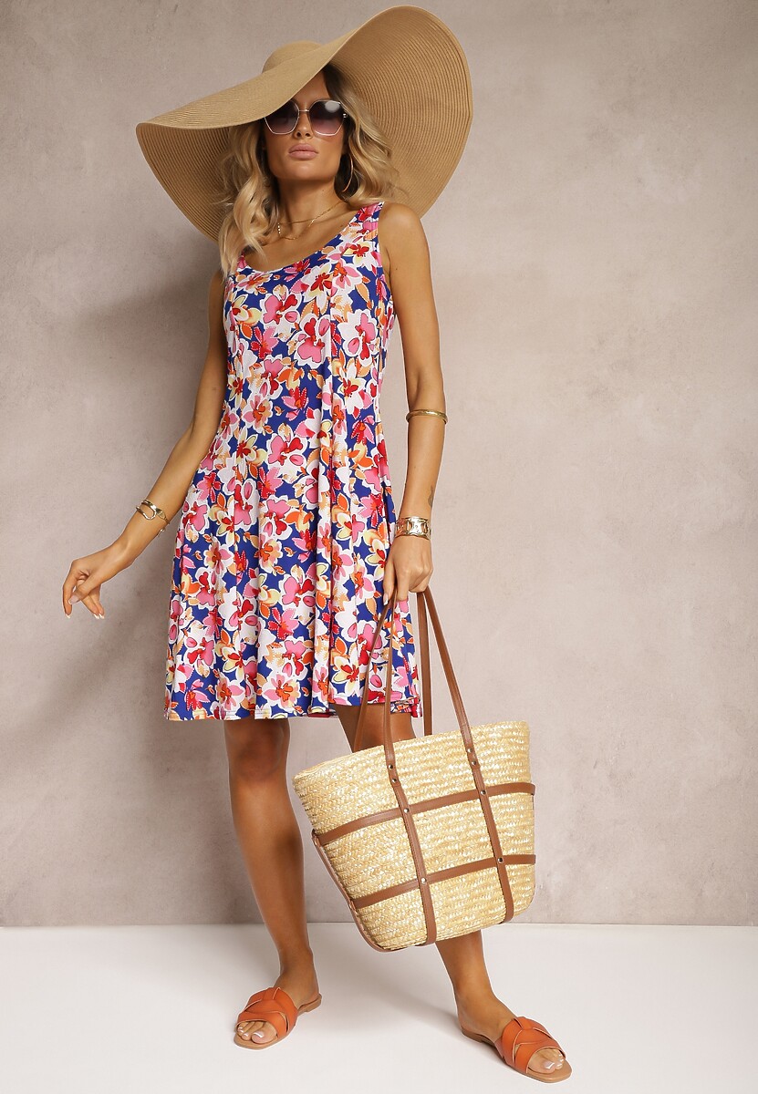 Rochie bleumarin-roz cu bretele din viscoză cu croi evazat cu imprimeu floral Alanea 2