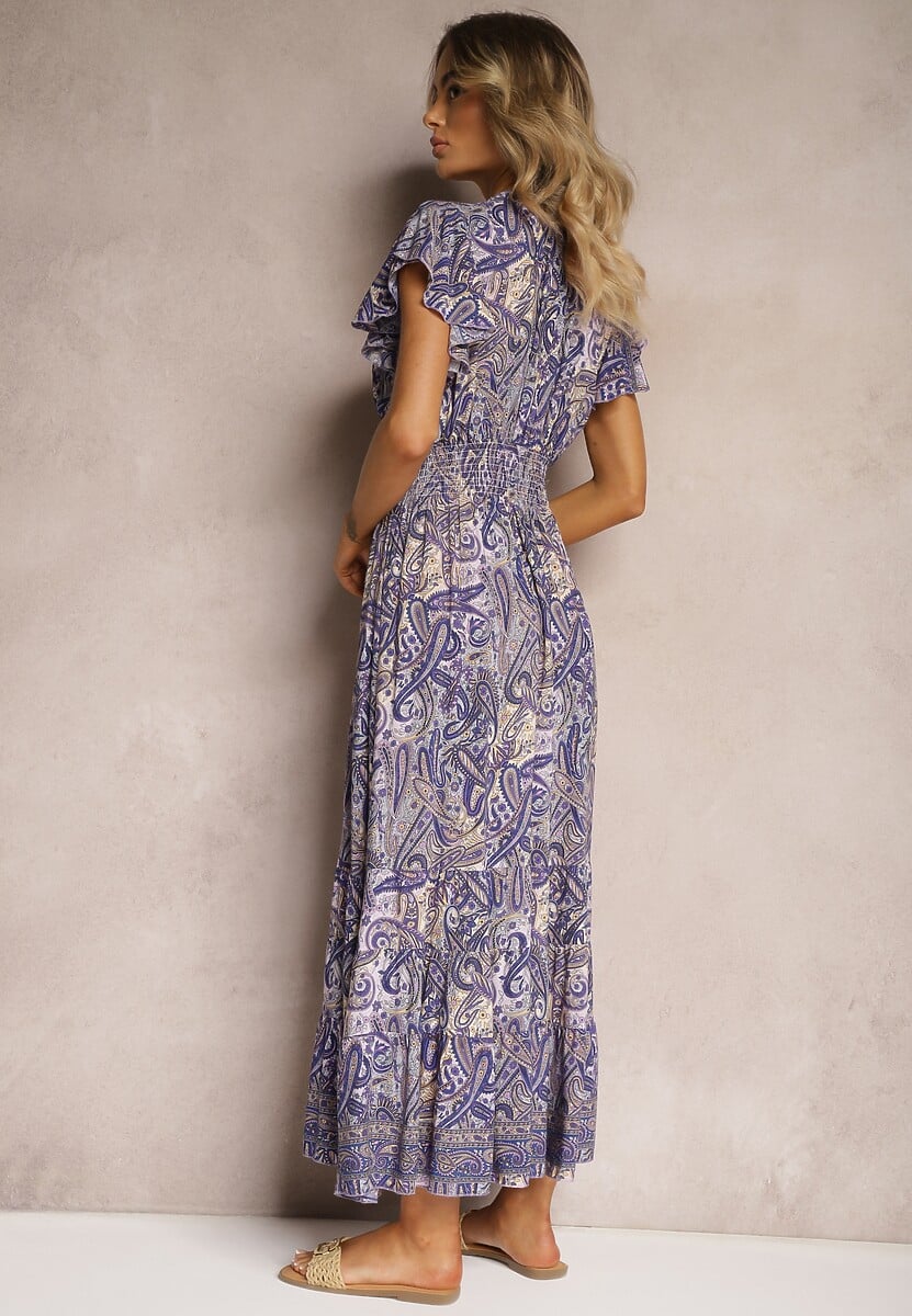 Rochie Bleumarin din Bumbac cu Imprimeu Paisley Decolteu Petrecut cu Volan și Elastic în Talie Brionea 3