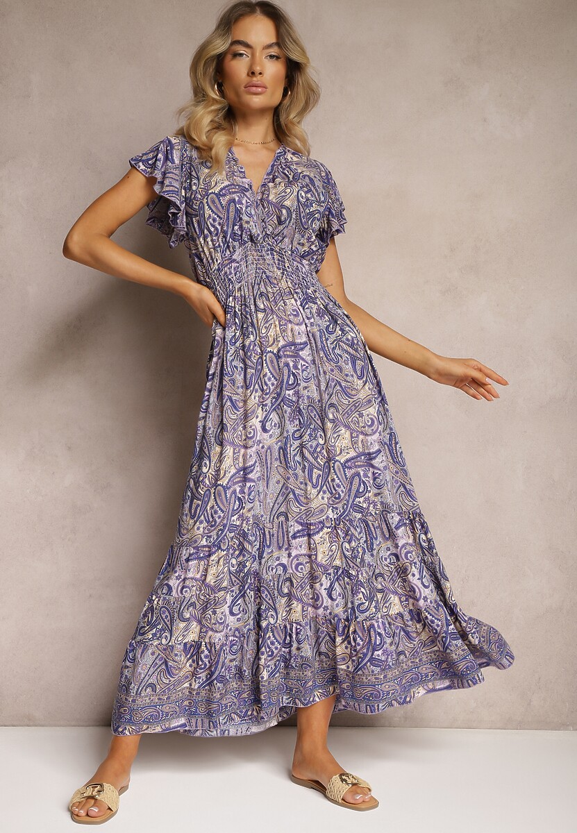 Rochie Bleumarin din Bumbac cu Imprimeu Paisley Decolteu Petrecut cu Volan și Elastic în Talie Brionea 1