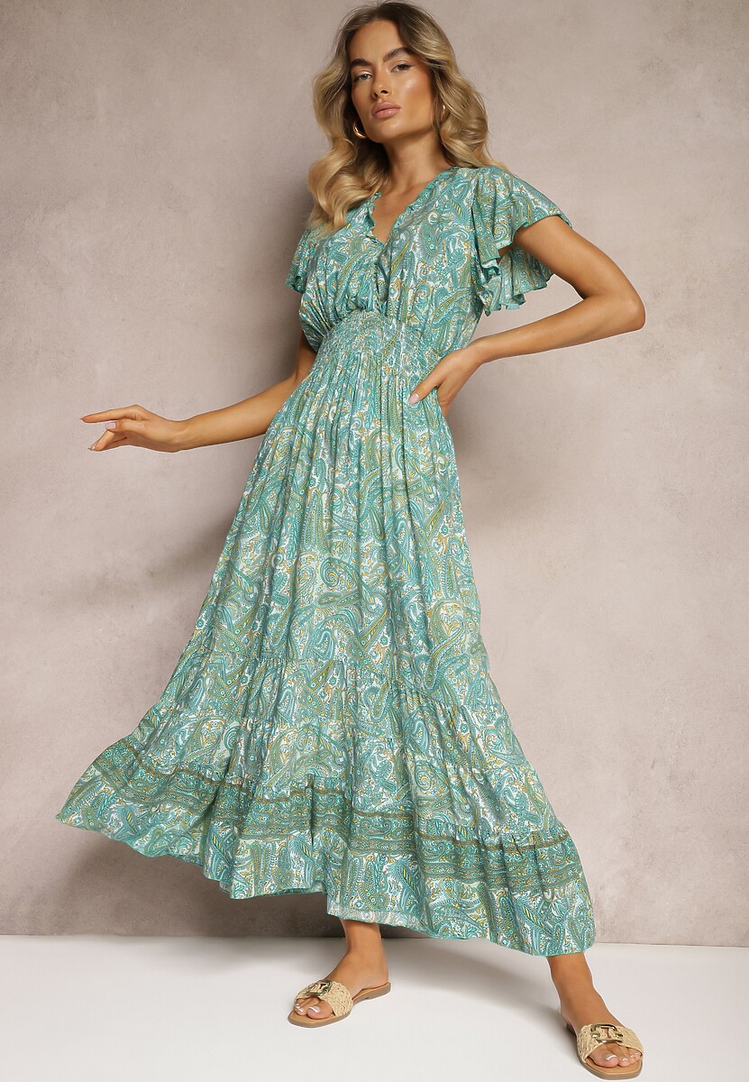 Rochie Verde din Bumbac cu Model Paisley Decolteu Înfășurat cu Volan și Elastic în Talie Brionea 1