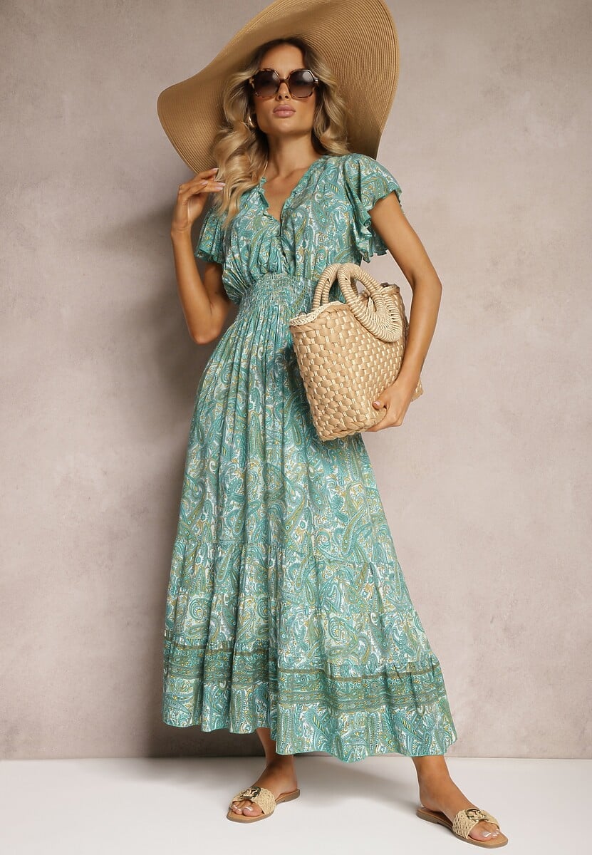 Rochie Verde din Bumbac cu Model Paisley Decolteu Înfășurat cu Volan și Elastic în Talie Brionea 2