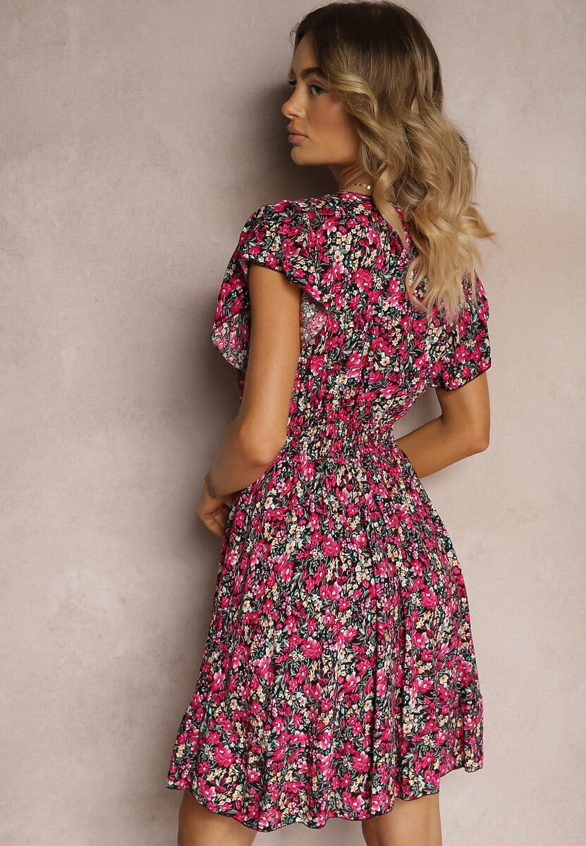 Rochie neagră-roz din bumbac cu imprimeu floral mic, decolteu tip plic și elastic în talie Calnea 3