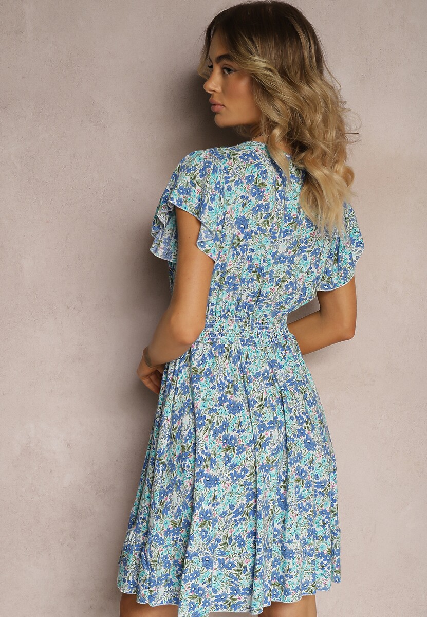 Rochie albastră din bumbac cu imprimeu floral mic, decolteu tip portfard și elastic în talie Calnea 3