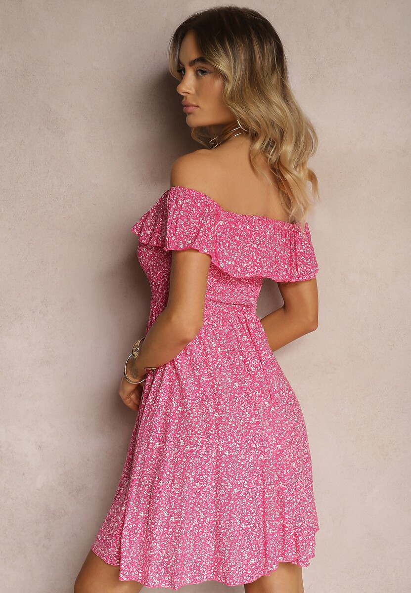 Rochie Fucsia Florală Spaniolă din Bumbac cu Elastic în Talie Nevima 3