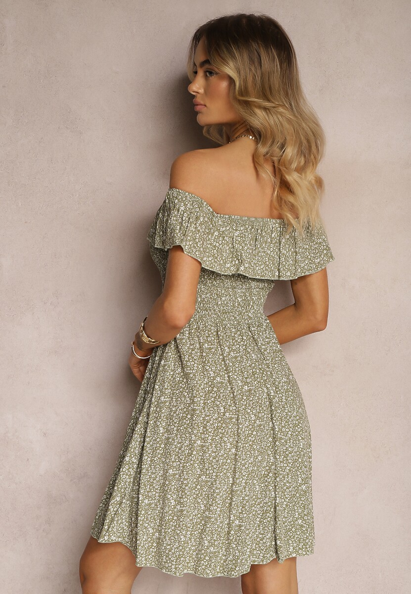 Rochie Spaniolă Verde Închis Florală din Bumbac cu Elastic în Talie Nevima 3