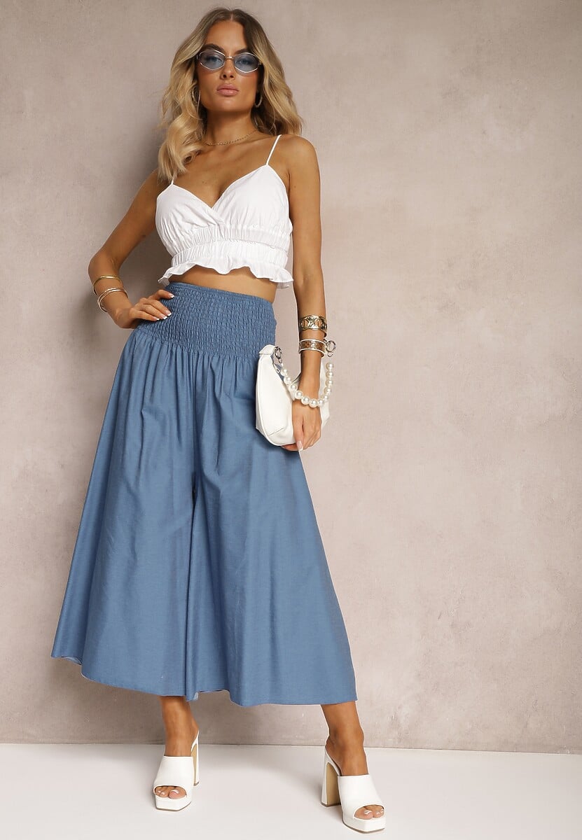 Bleumarin Pantaloni Culottes Bumbac Talie Inalta Croi Larg Elastic Talie Alifrea 1