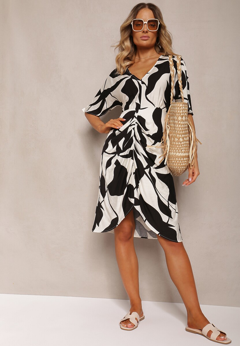 Czarno-Biała Sukienka o Taliowanym Kroju Wiązana w Pasie Nellsiah 2