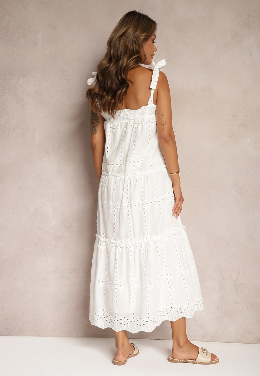 Rochie Albă cu Bretele din Bumbac cu Broderie Ornamentală și Fundițe 3