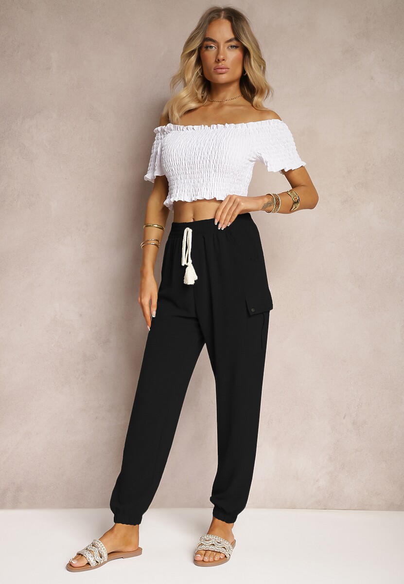 Czarne Spodnie Cargo High Waist Wykończone Gumką w Pasie Nellindra 1