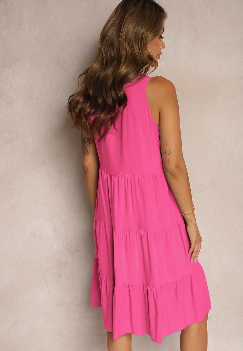 Rochie din bumbac fucsia cu croiala evazata fara maneci Gladea 3