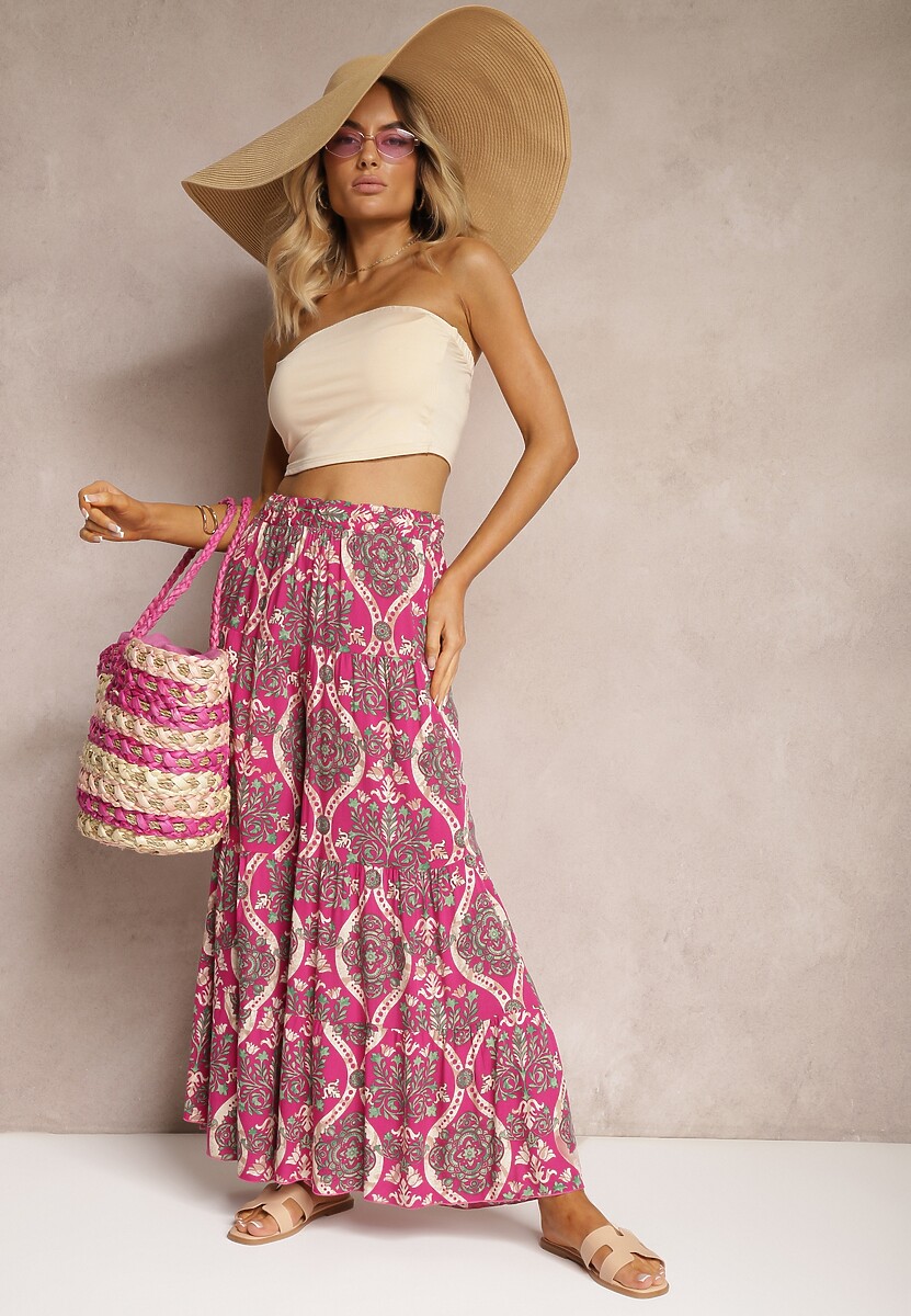 Pantaloni fucsia din viscoză cu picior larg High Waist cu elastic în talie Risettasmi 2