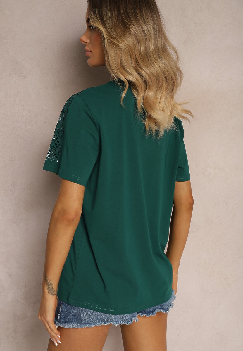 Ciemnozielony Bawełniany T-shirt Wykończony Cyrkoniowym Zdobieniem przy Rękawach Lalflea 3