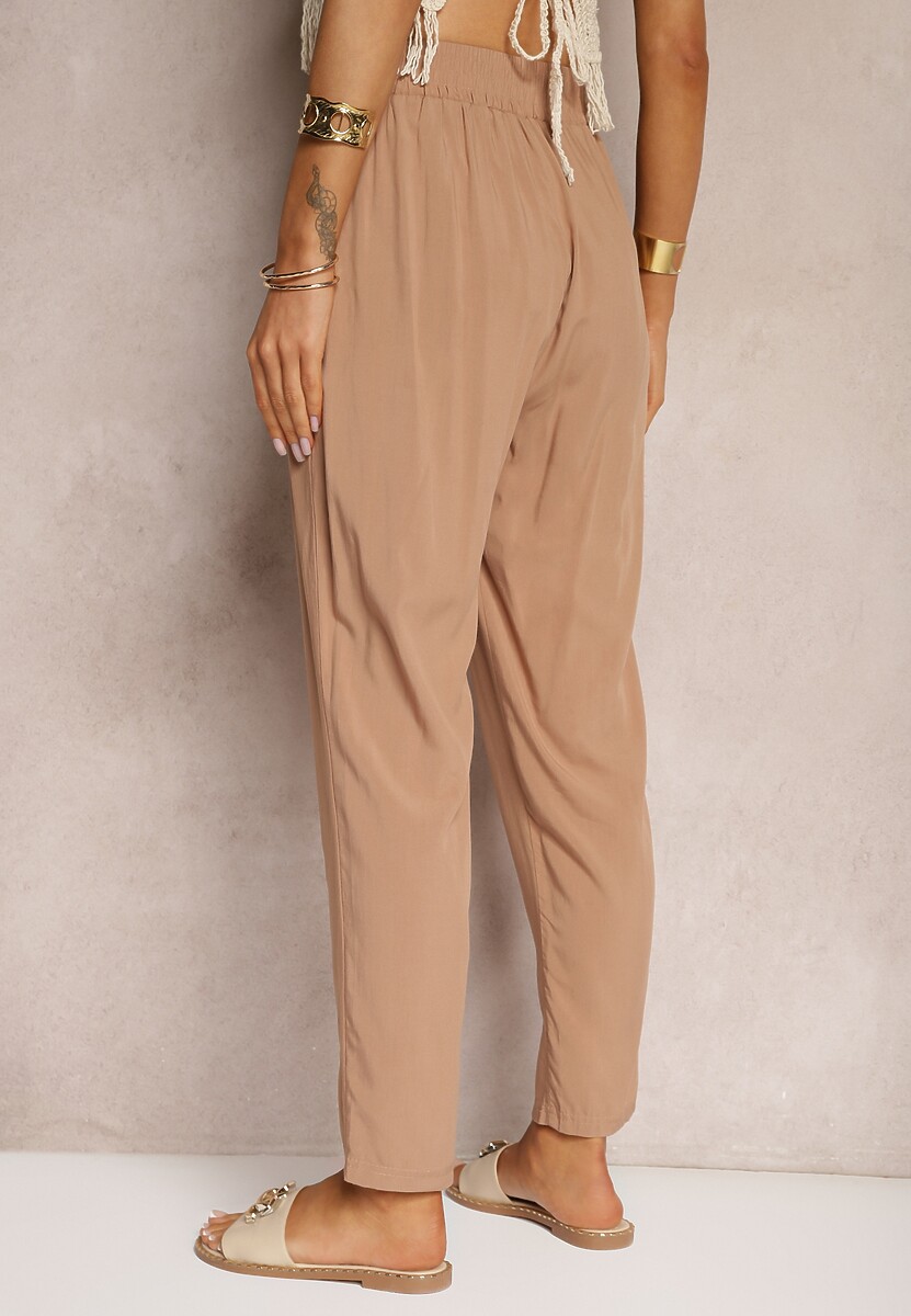 Brązowe Spodnie Paper Bag High Waist z Bawełny z Gumką w Talii Emorea 3