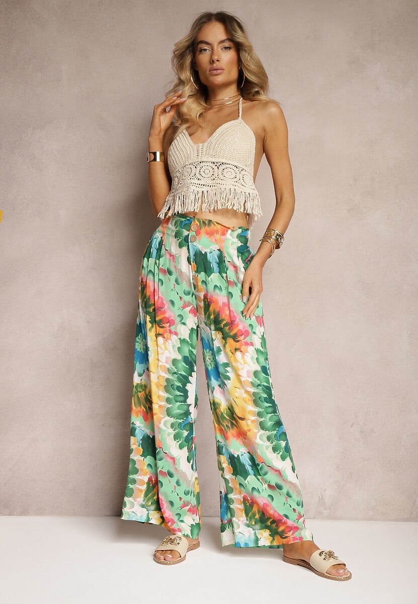 Zielone Spodnie z Wiskozy High Waist z Szerokimi Nogawkami Ozdobione Wzorem Tie-Dye Risalias 1