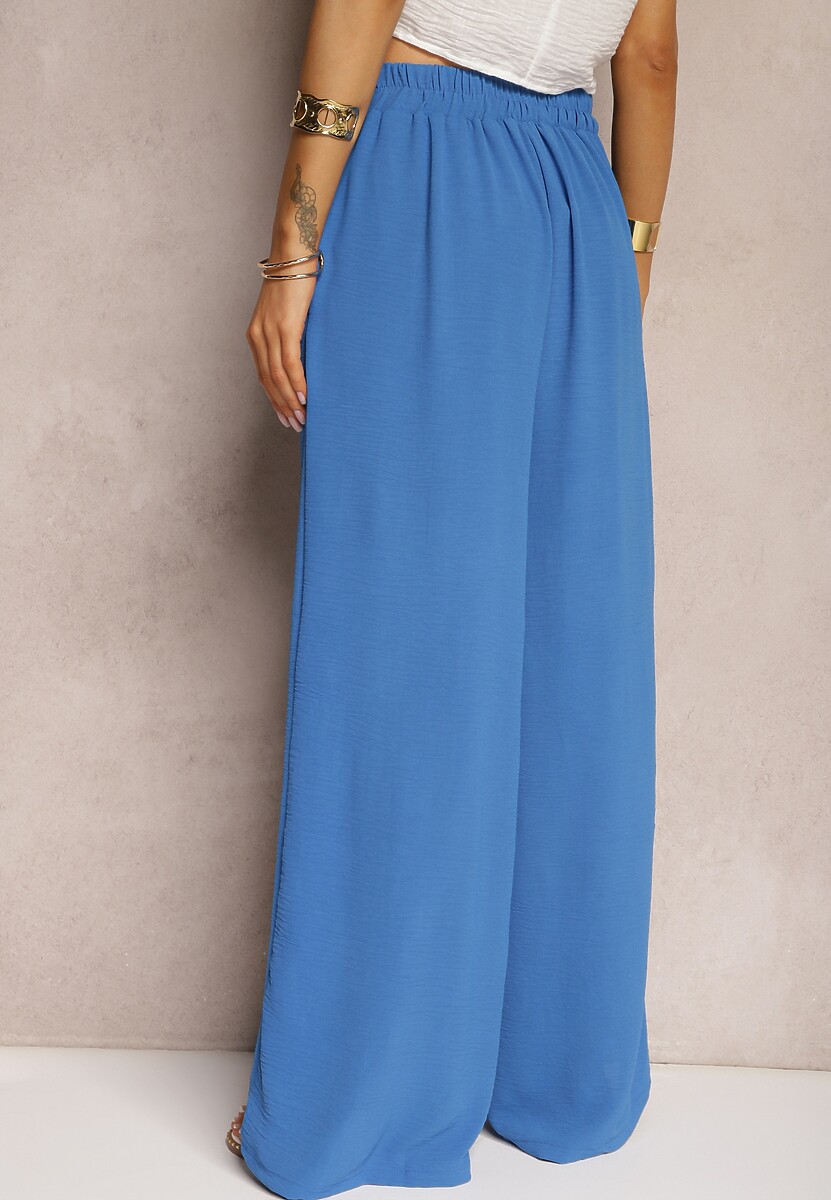 Niebieskie Spodnie w Stylu Alladynek High Waist Wykończone Gumką w Pasie Riselma 3