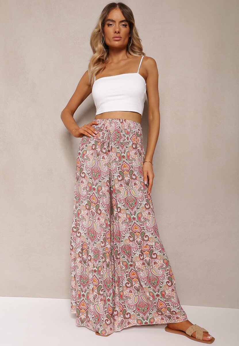 Różowo-Zielone Spodnie z Rozszerzanymi Nogawkami z Wiskozy High Waist z Gumką w Talii Nasie 2