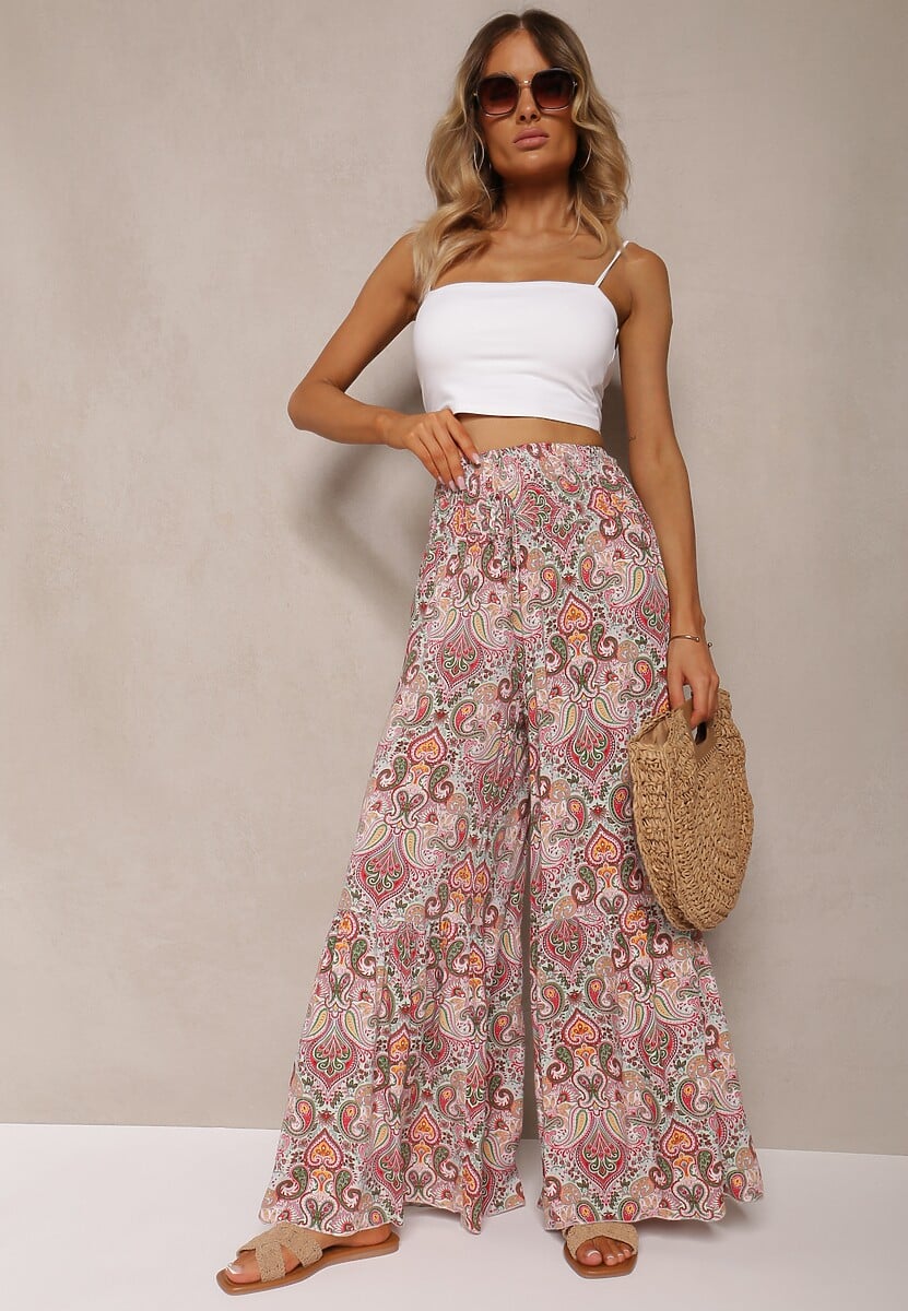 Różowo-Zielone Spodnie z Rozszerzanymi Nogawkami z Wiskozy High Waist z Gumką w Talii Nasie 1
