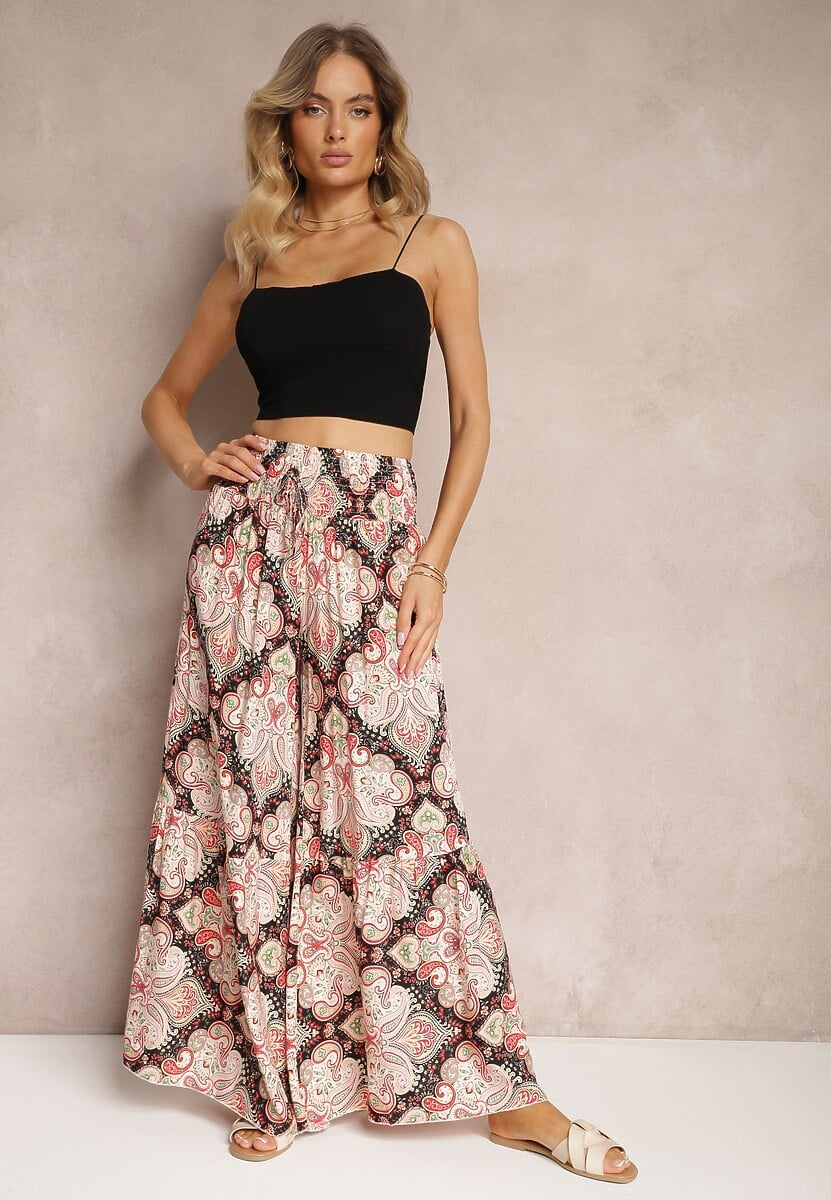 Różowo-Czarne Spodnie z Rozszerzanymi Nogawkami z Wiskozy High Waist z Gumką w Talii Nasie 1