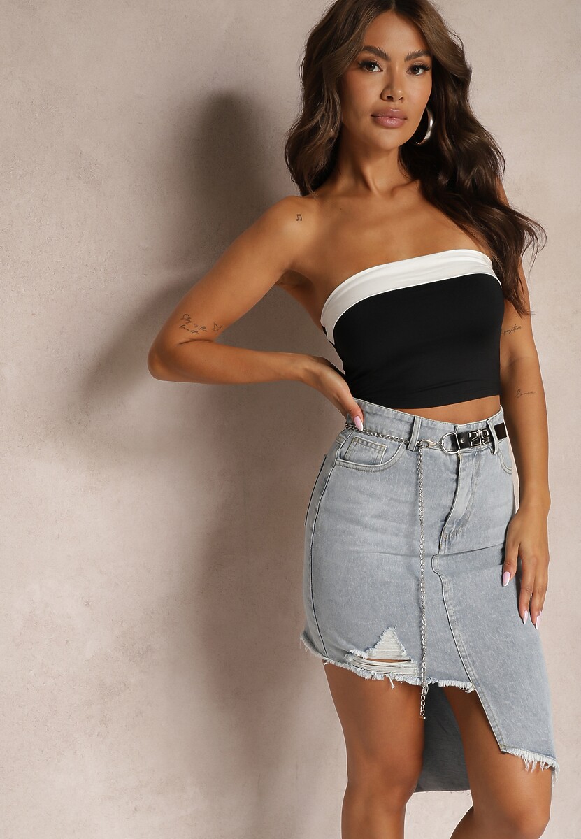 Jasnoniebieska Asymetryczna Bawełniana Spódnica Jeansowa High Waist z Łańcuchem i Paskiem Vimaliene 2