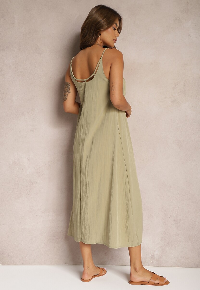 Ciemnobeżowa Trapezowa Sukienka z Dodatkiem Bawełny na Ramiączkach Wykończona Sznurkiem Nerceria 3