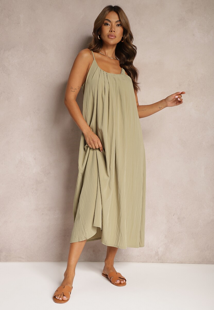 Ciemnobeżowa Trapezowa Sukienka z Dodatkiem Bawełny na Ramiączkach Wykończona Sznurkiem Nerceria 1