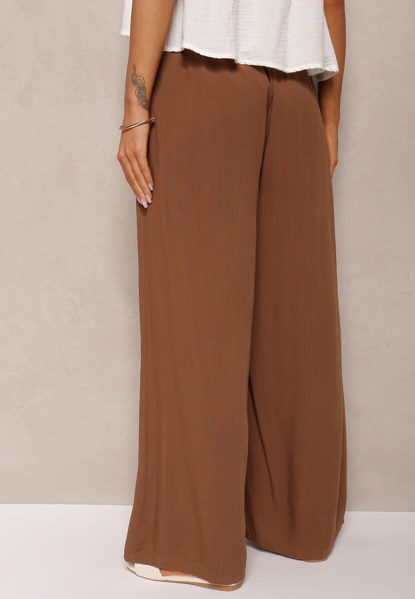 Brązowe Szerokie Spodnie High Waist z Gumką w Talii Ilnena 3