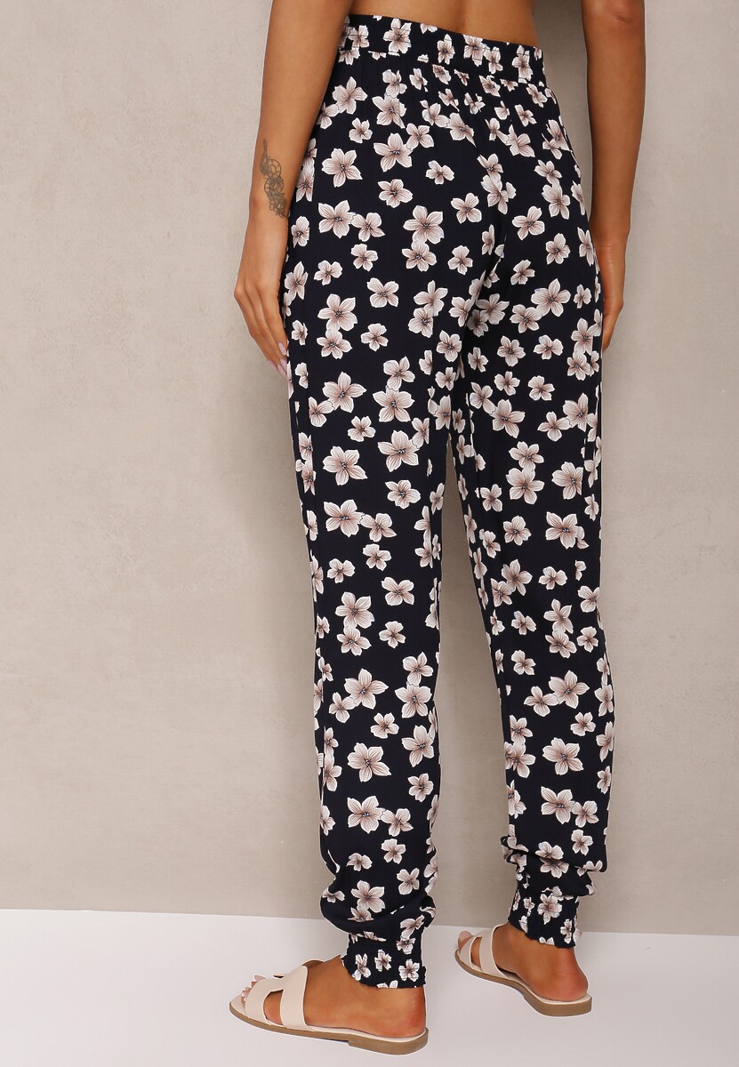 Granatowe Wiskozowe Spodnie High Waist z Gumką w Talii Rivanirra 3