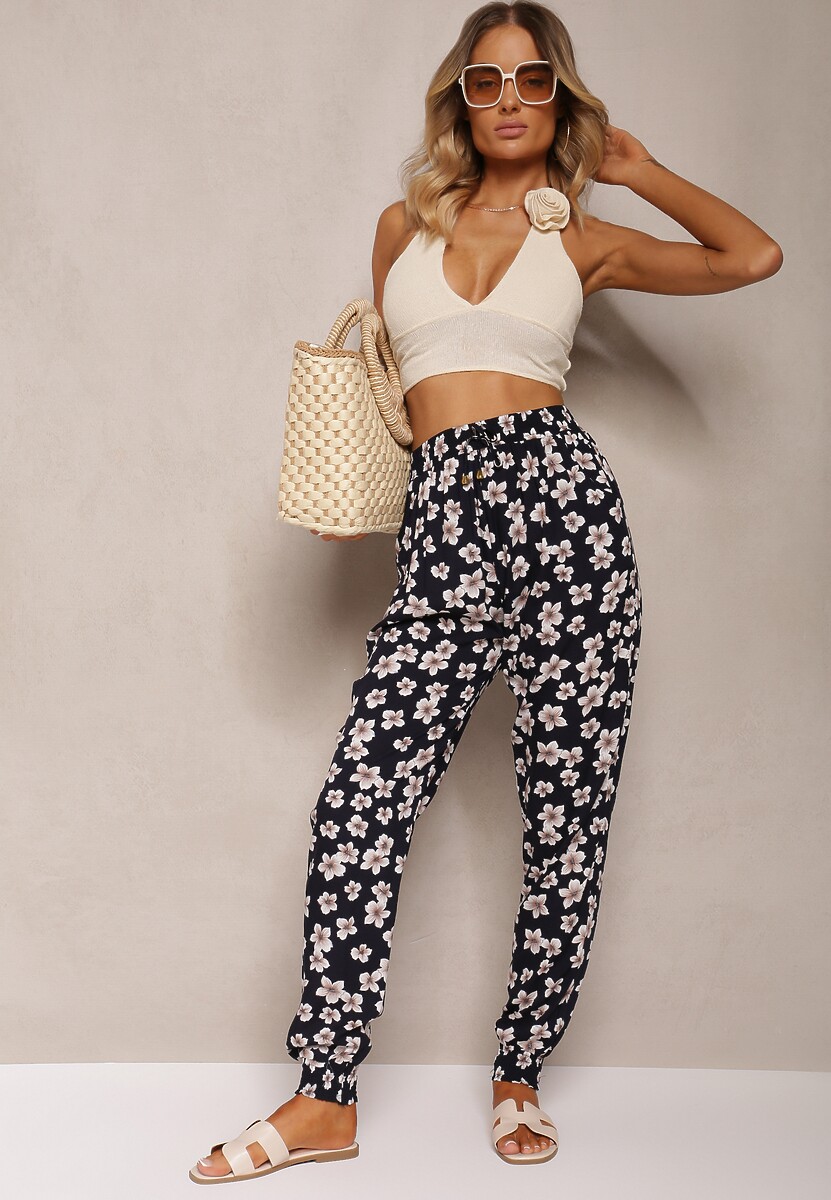 Granatowe Wiskozowe Spodnie High Waist z Gumką w Talii Rivanirra 2