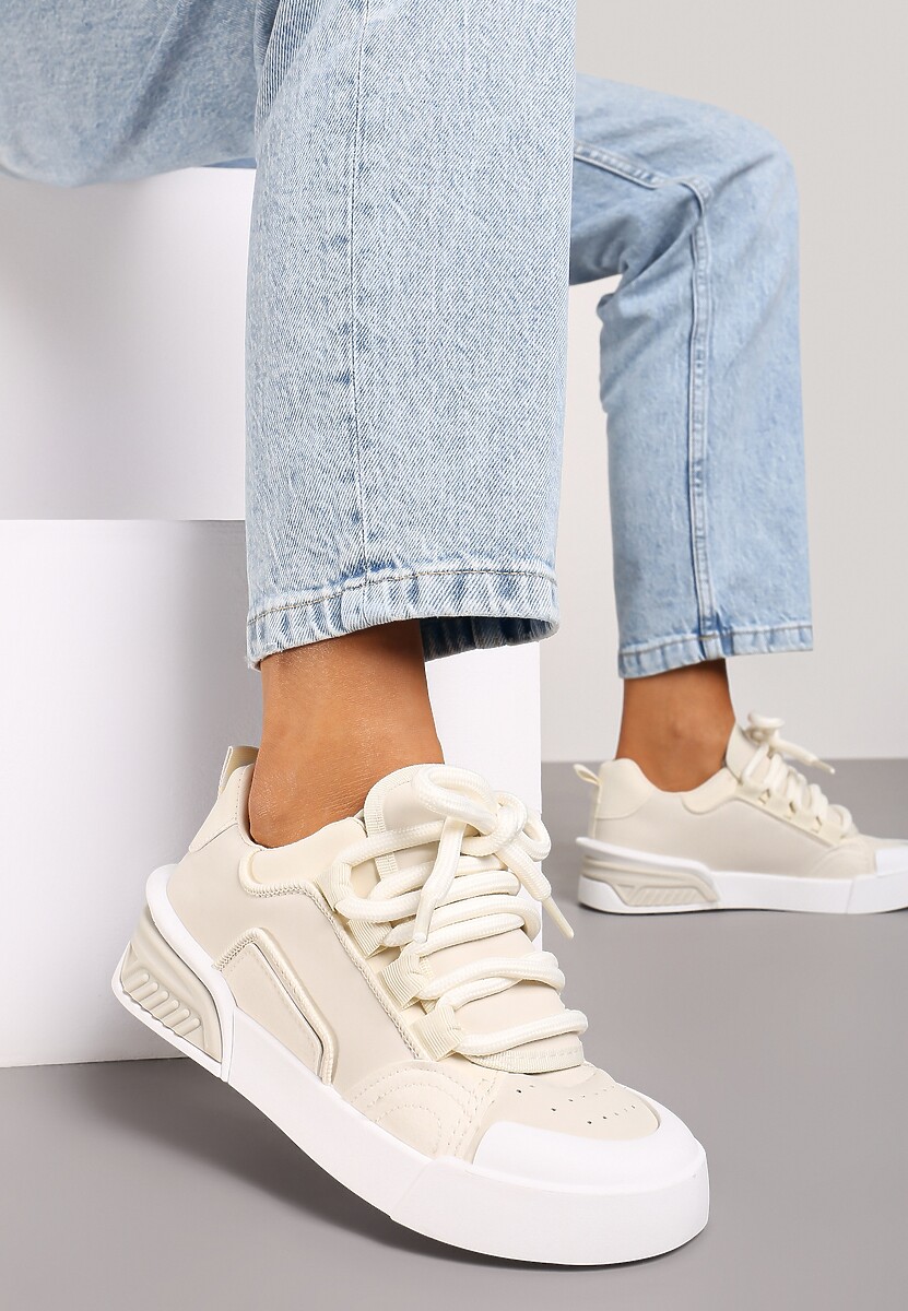 Beżowe Sneakersy w Stylu Trampek z Szerokimi Sznurówkami na Grubej Podeszwie Sakarias 1