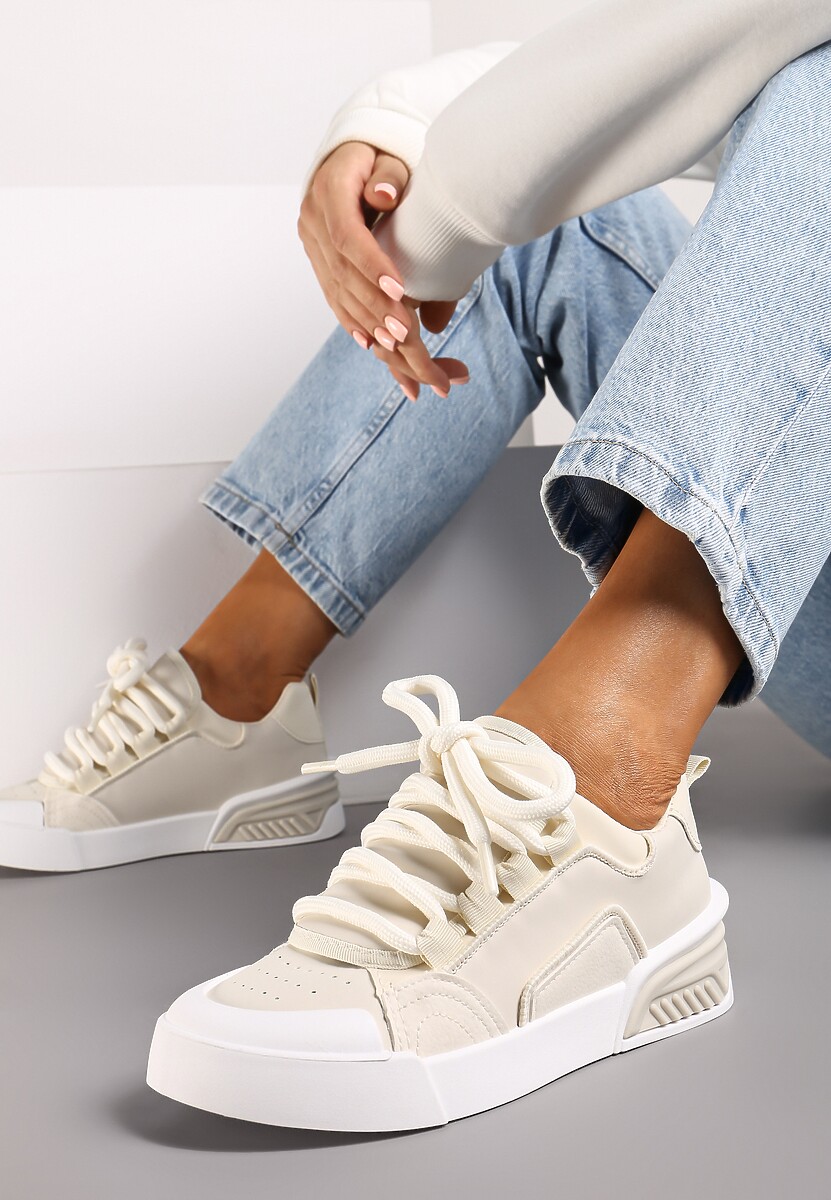 Beżowe Sneakersy w Stylu Trampek z Szerokimi Sznurówkami na Grubej Podeszwie Sakarias 2
