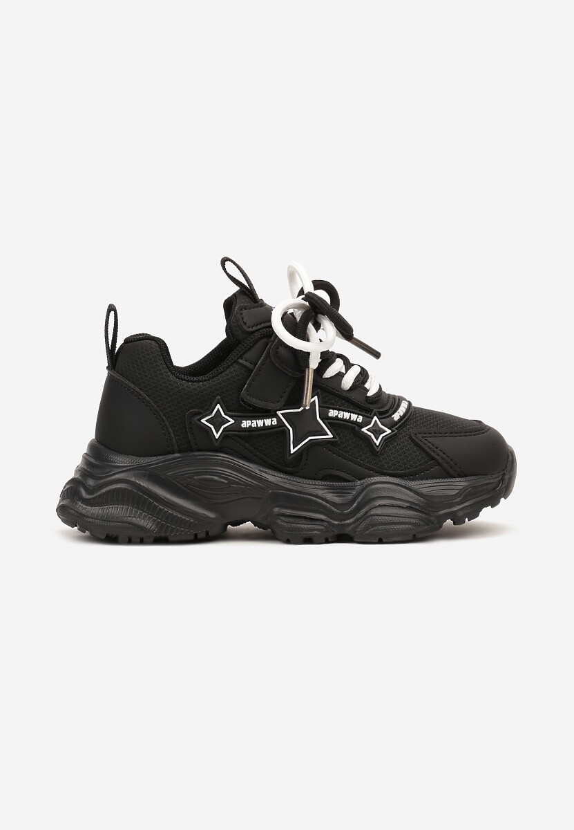 Czarne Sznurowane Buty Sportowe Sneakersy na Płaskiej Tłoczonej Podeszwie z Gwiazdkami Avrie 1
