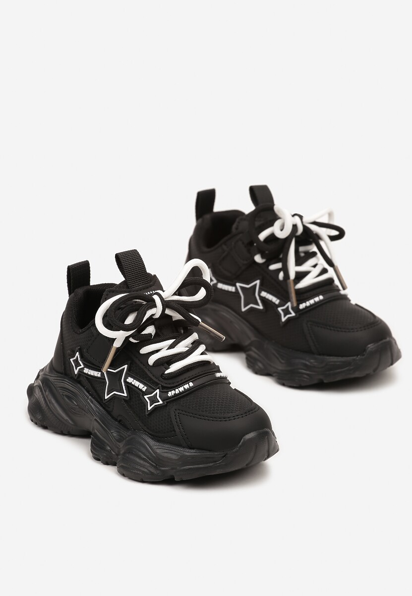 Czarne Sznurowane Buty Sportowe Sneakersy na Płaskiej Tłoczonej Podeszwie z Gwiazdkami Avrie 2