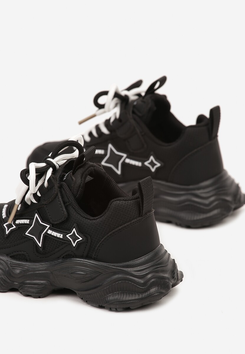 Czarne Sznurowane Buty Sportowe Sneakersy na Płaskiej Tłoczonej Podeszwie z Gwiazdkami Avrie 3