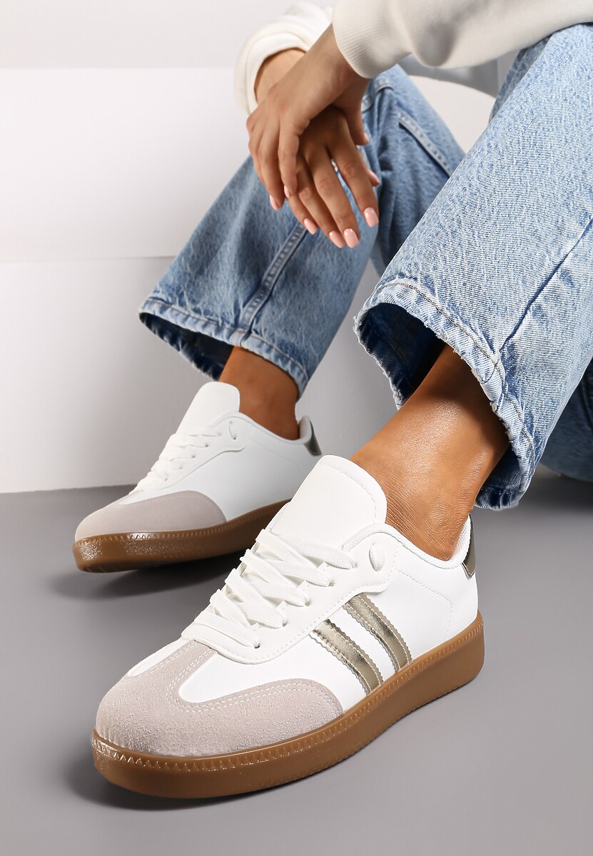 Biało-Złote Sneakersy Sznurowane w Sportowym Stylu Mrefia 1