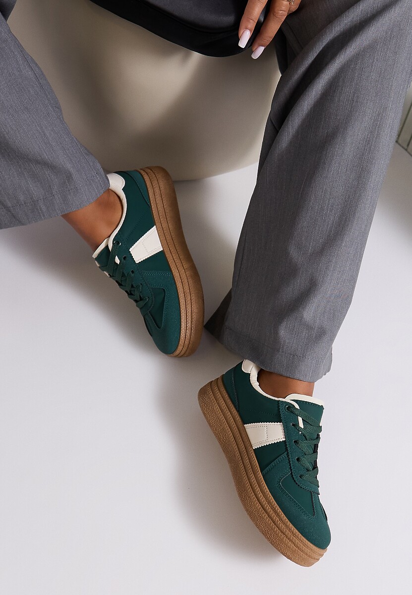 Zielone Sneakersy na Grubej Podeszwie z Ozdobnymi Przeszyciami Ysdole 1