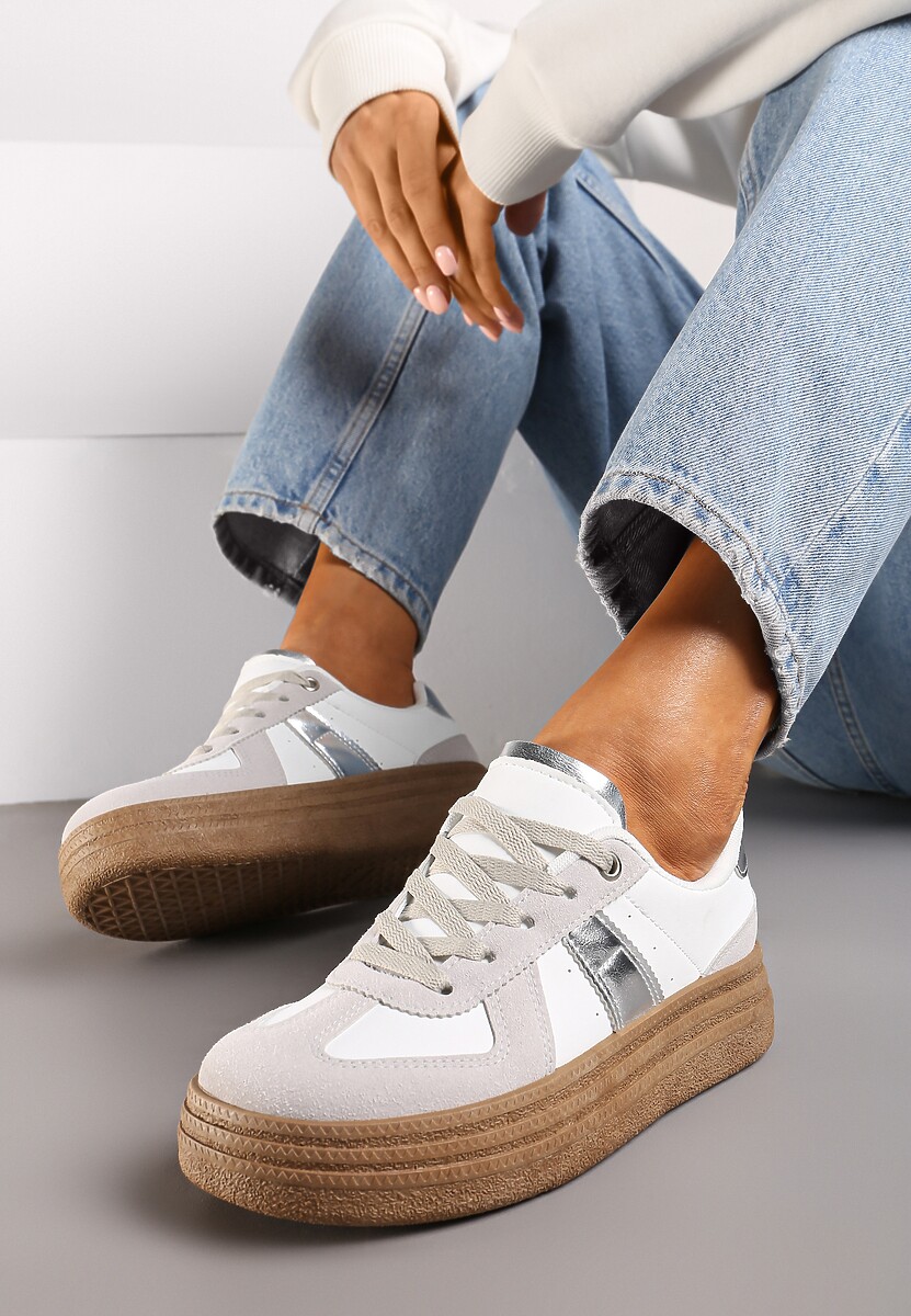 Szaro--Srebrne Sneakersy na Grubej Podeszwie z Ozdobnymi Przeszyciami Ysdole 1