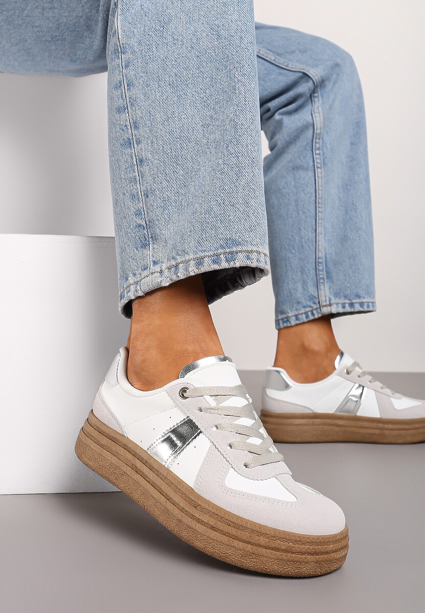 Szaro--Srebrne Sneakersy na Grubej Podeszwie z Ozdobnymi Przeszyciami Ysdole 2