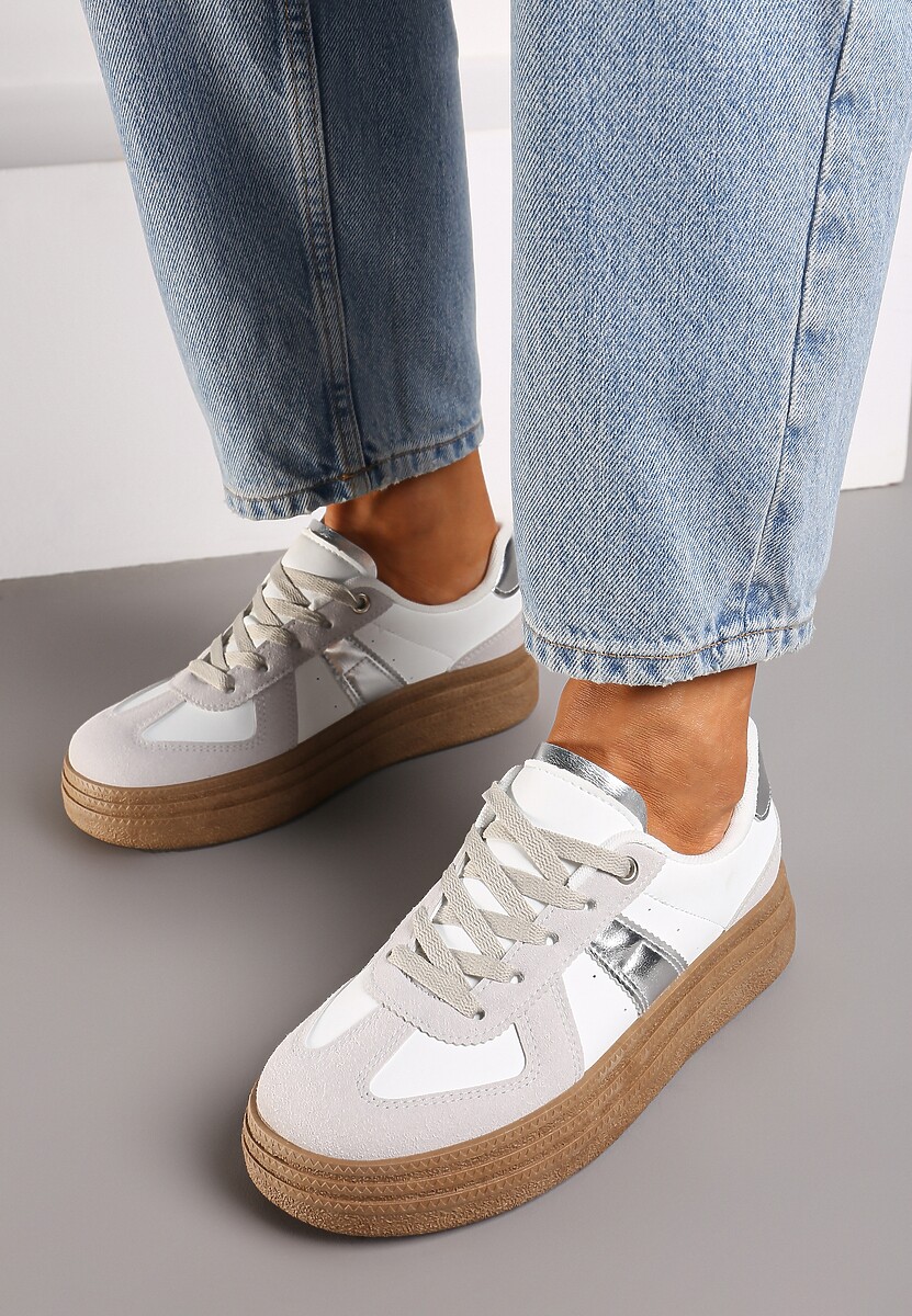 Szaro--Srebrne Sneakersy na Grubej Podeszwie z Ozdobnymi Przeszyciami Ysdole 3