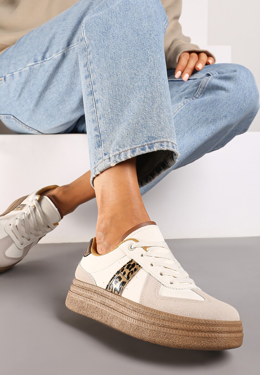 Beżowo-Brązowe Sneakersy na Grubej Podeszwie z Ozdobnymi Przeszyciami Ysdole 3