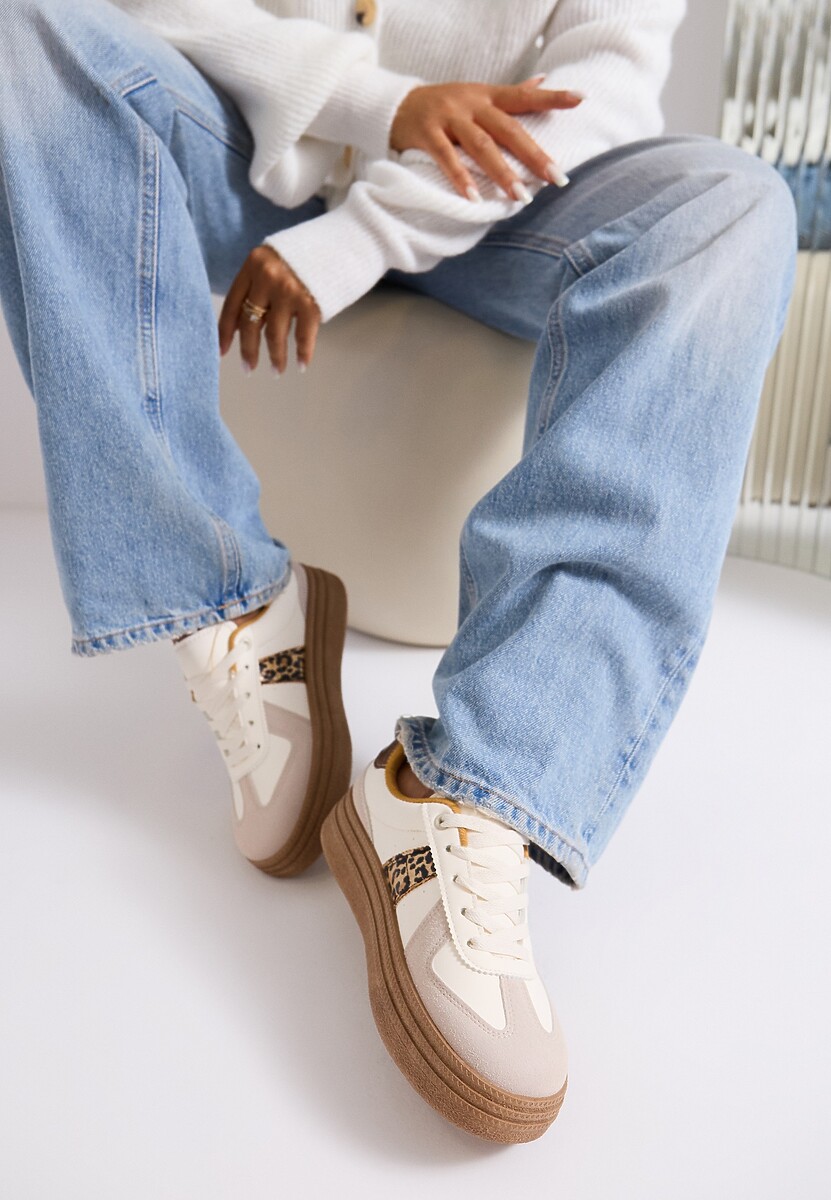Beżowo-Brązowe Sneakersy na Grubej Podeszwie z Ozdobnymi Przeszyciami Ysdole 2
