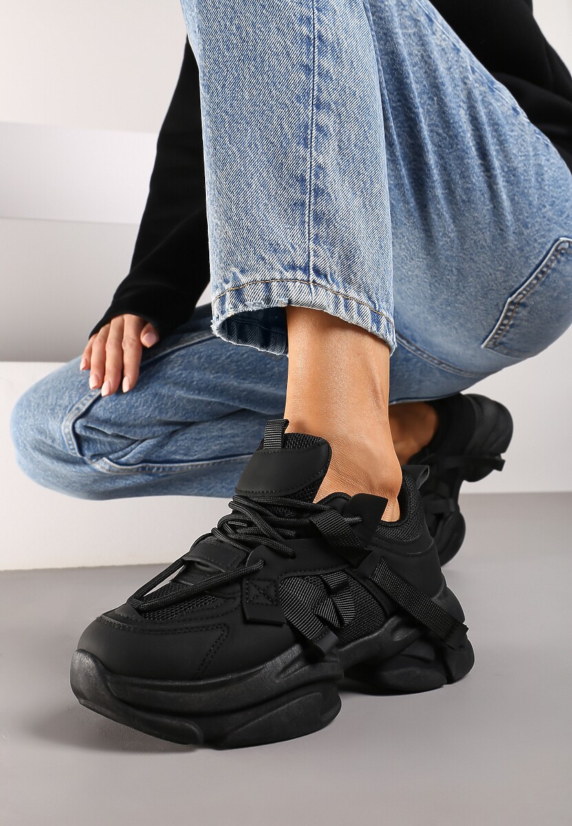 Czarne Sneakersy na Platformie z Grubymi Sznurówkami i Przeszyciami Wladisa 1