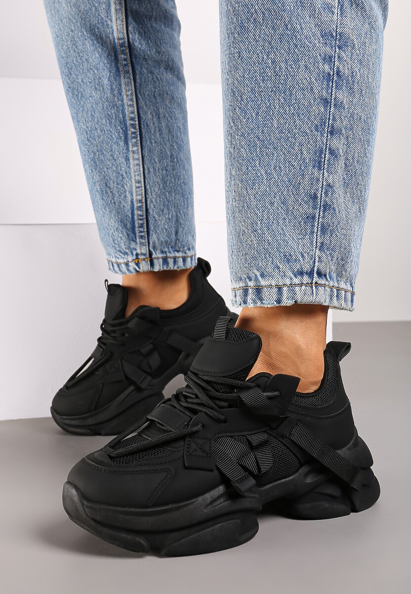 Czarne Sneakersy na Platformie z Grubymi Sznurówkami i Przeszyciami Wladisa 2