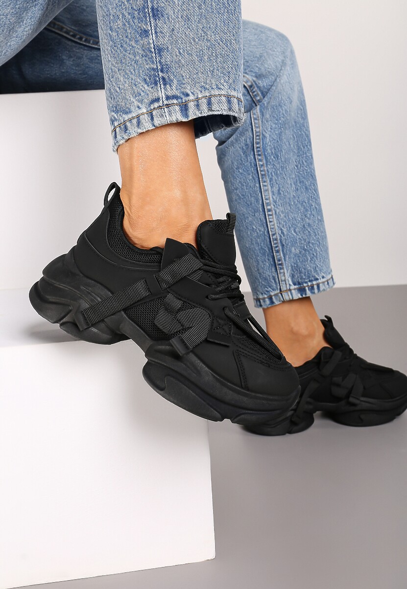 Czarne Sneakersy na Platformie z Grubymi Sznurówkami i Przeszyciami Wladisa 3