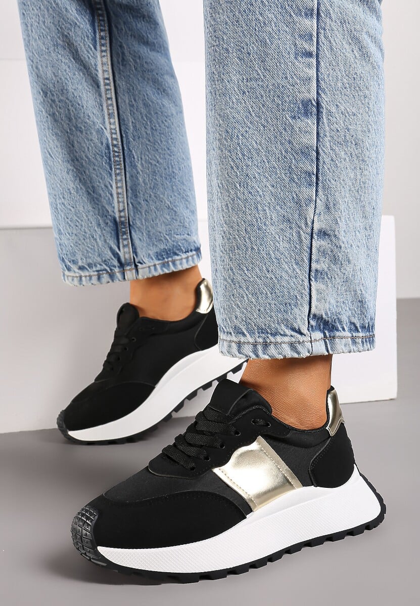 Czarne Sneakersy przed Kostkę na Platformie z Ozdobnymi Wstawkami Benace 1