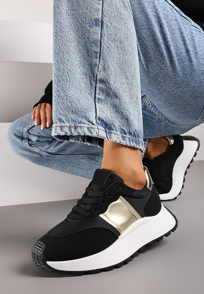 Czarne Sneakersy przed Kostkę na Platformie z Ozdobnymi Wstawkami Benace 2