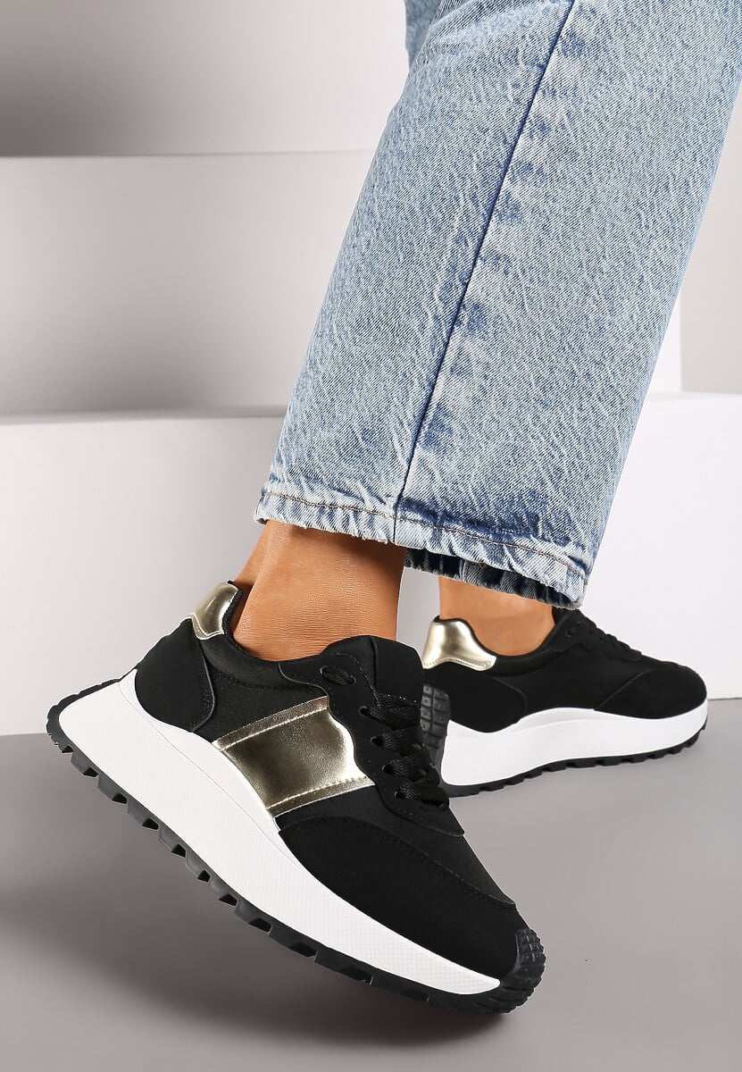 Czarne Sneakersy przed Kostkę na Platformie z Ozdobnymi Wstawkami Benace 3