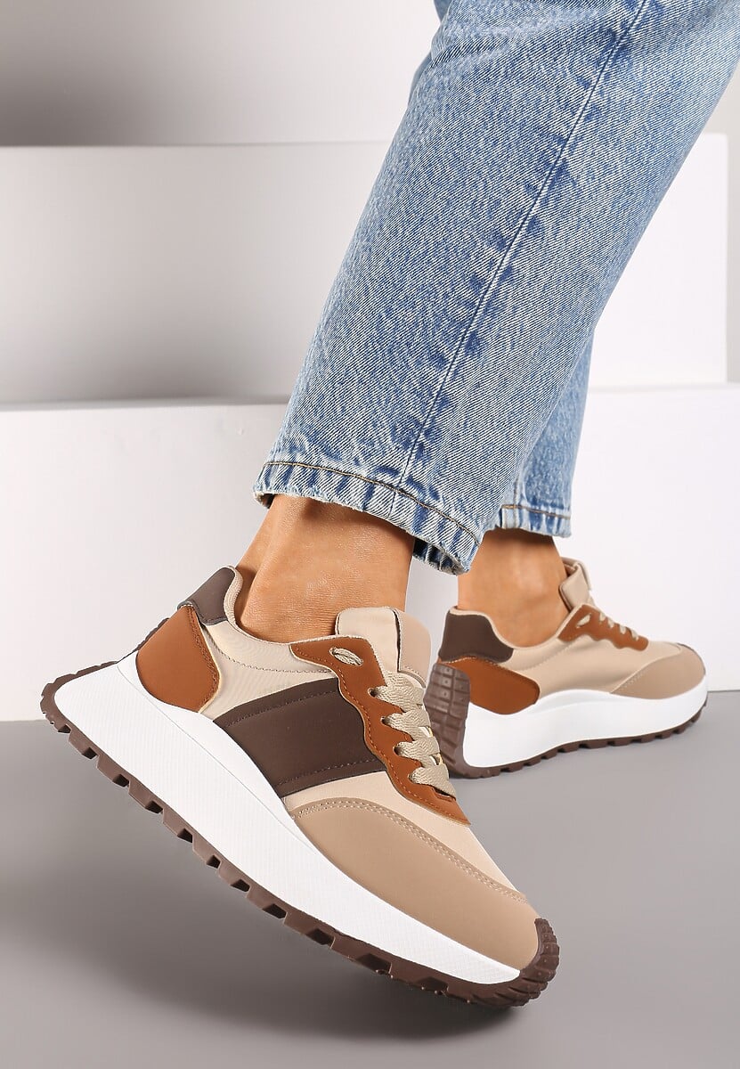 Brązowe Sneakersy przed Kostkę na Platformie z Ozdobnymi Wstawkami Benace 2
